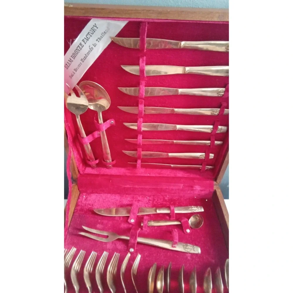 Siam Bronze Flatware Set Gold Bronze Cutlery Service for 6‎ in Wood Case